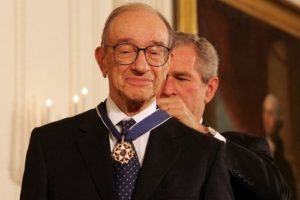 LA5H5981sc President George W. Bush presents the Presidential Medal of Freedom to Federal Reserve Chairman Alan Greenspan, one of 14 recipients of the 2005 Presidential Medal of Freedom, awarded Wednesday, Nov. 9, 2005 in the East Room of the Whiite House. White House photo by Shealah Craighead