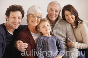 A cropped portrait of a happy multi-generation family sitting together on a sofa