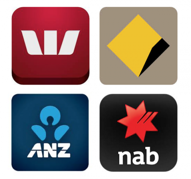 Logos of the big four banks in Australia: Commonwealth Bank, Wespac, ANZ and National Australia Bank.