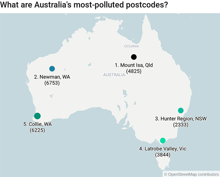 Australia's top five most polluted postcodes: Mt Isa Qld, Newman WA, Hunter Region NSW, Latrobe Valley Vic, Collie WA.