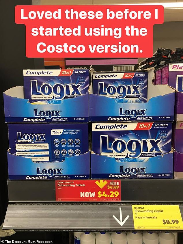 A thrifty shopper has shared her favourite budget buys from Aldi, including $4.29 dishwasher tablets (pictured), $2.69 white chocolate and eggs for $3.59