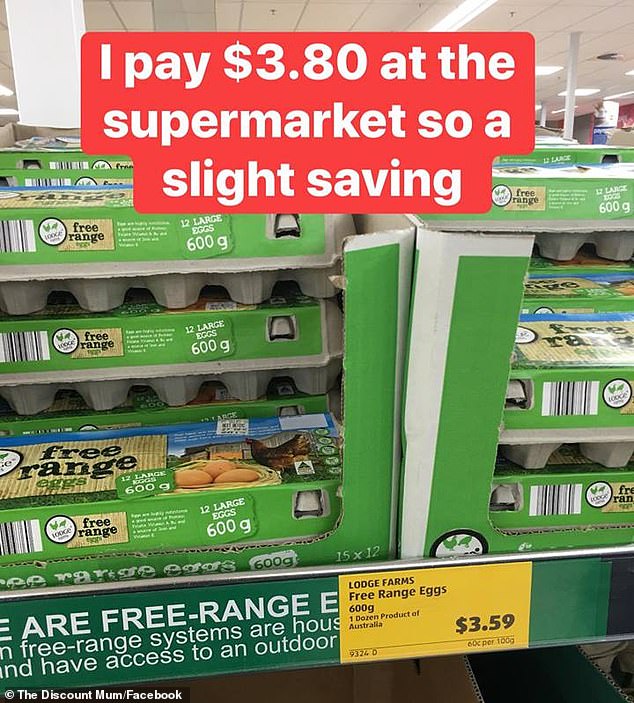 The Discount Mum said she regularly pays $3.59 for a dozen eggs at Aldi, saving 21 cents compared to other supermarkets (pictured)