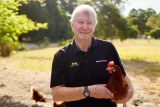 A middle-aged man holds a chicken