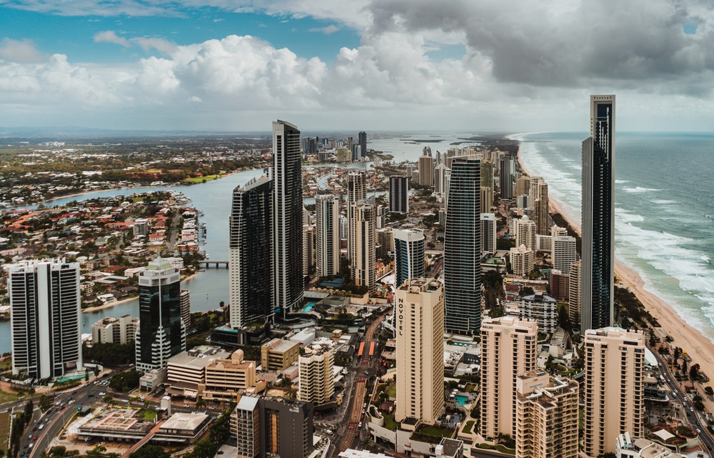 aerial view of buildings near ocean