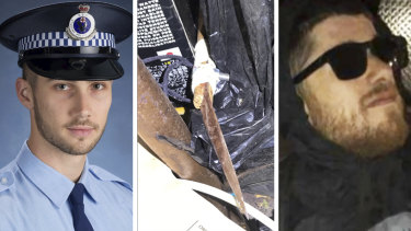 Rory Constantino (right) is facing multiple charges after police officer Jacob Vella (left) was stabbed with a "crude homemade" weapon (middle).
