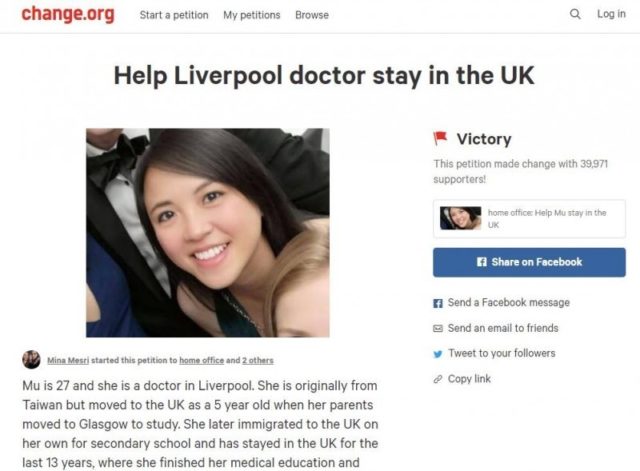 蔣穆純簽證出現問題被英國要求離境她的友人在網路發起連署有3.9萬人連署（change.org截圖）