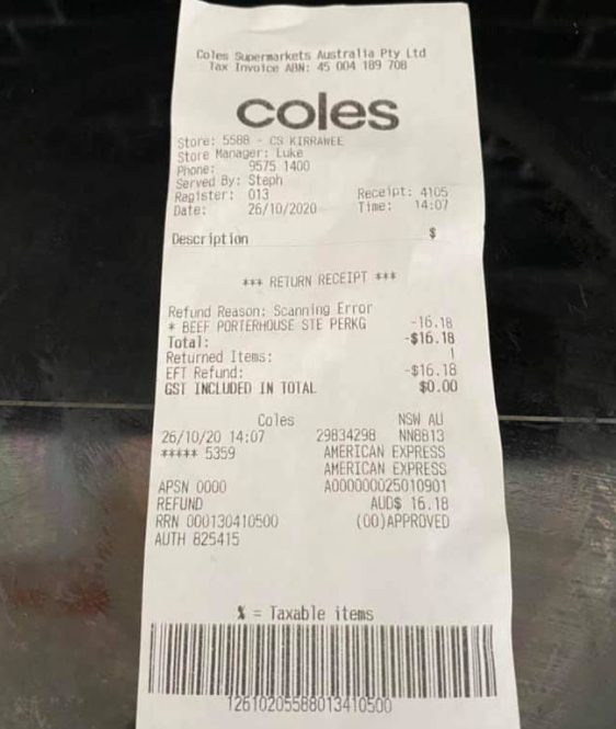 澳洲女子近日在Coles超市购物后获得了免费牛排