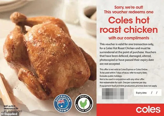 根據Coles的政策規定，如果購物者在商店買不到烤雞，就可獲得一張優惠券。（圖片來源：社交媒體 侵權即刪）