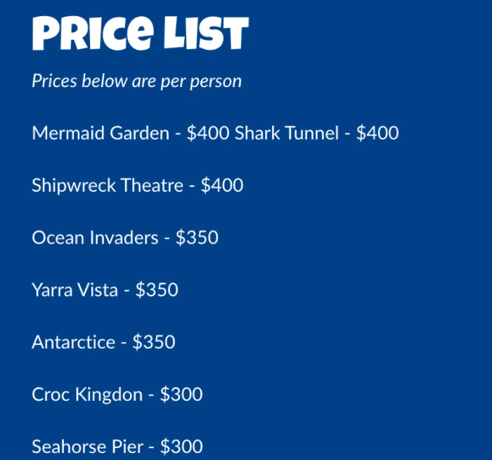 墨尔本海底餐厅的套餐价格表