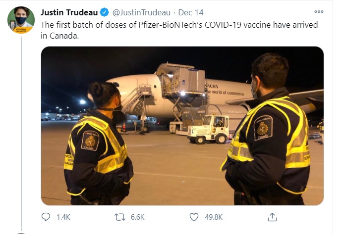 第一批輝瑞疫苗已在13日晚間運抵加拿大