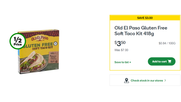 3.50澳元的Old El Paso gluten free taco kit