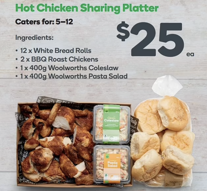 澳洲Woolworths超市日前推出了售价25澳元、可供5至12 人食用的烤鸡拼盘